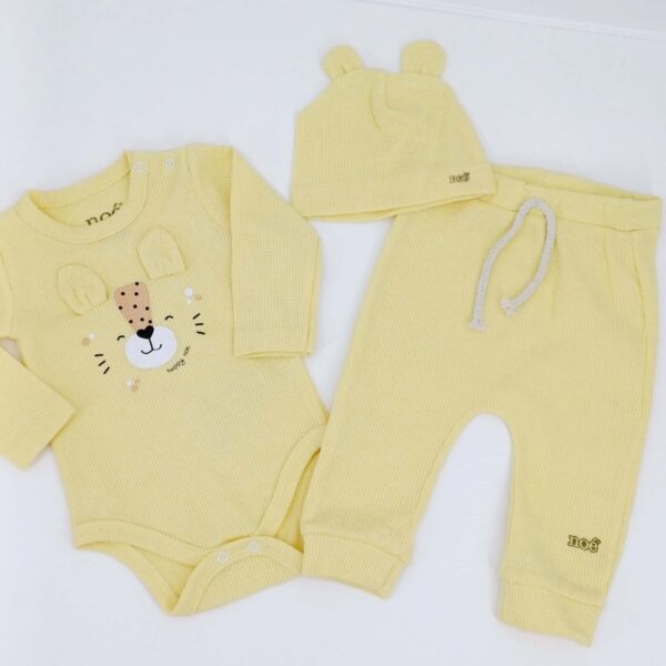 Ensemble bébé en coton avec body, pantalon et bonnet à oreilles - Jaune