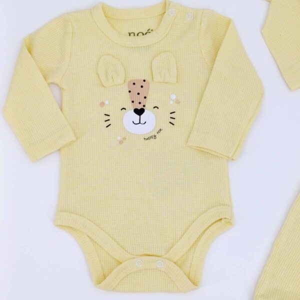 Ensemble bébé en coton avec body, pantalon et bonnet à oreilles - Jaune