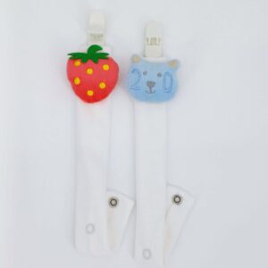 Attache-tétine bébé amusante et sécurisée avec des motifs de fraise et d'ours. Parfaite pour garder la tétine de bébé à portée de main. Convient dès la naissance.