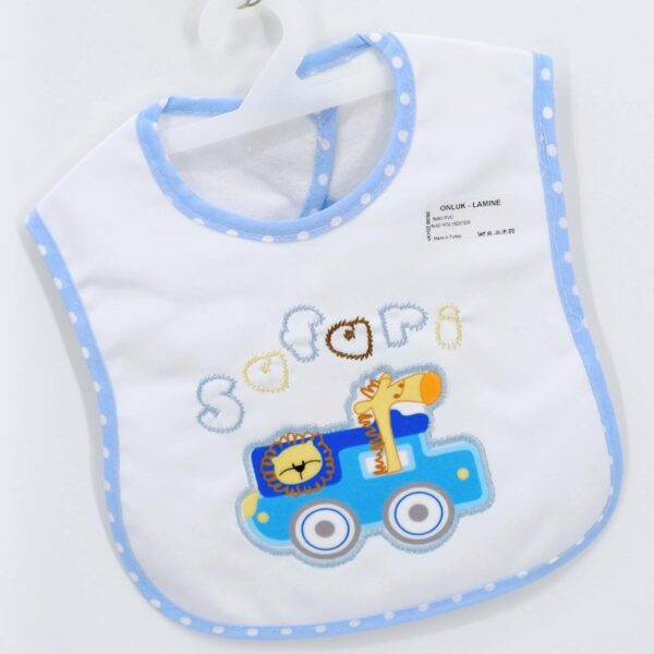 Bavoir imperméable « Safari » pour bébé, idéal pour protéger des taches pendant les repas. Composition 60 % PVC, 40 % polyester. Disponible pour les 6-24 mois.