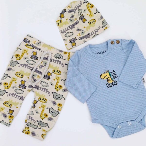 Ensemble bébé 3 pièces en coton avec body "The Dino", pantalon et bonnet, 3-18 mois
