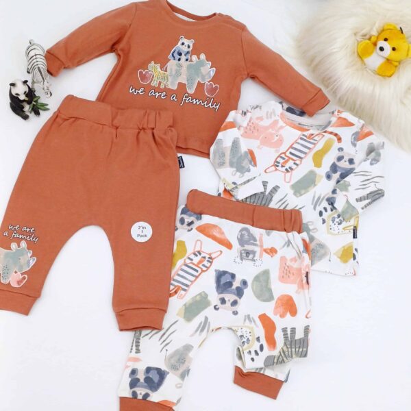 Découvrez l'ensemble bébé en coton "We Are a Family" - 2 tenues confortables et stylées pour les tout-petits. Disponibles en tailles 3-6 à 12-18 mois, 100 % coton.