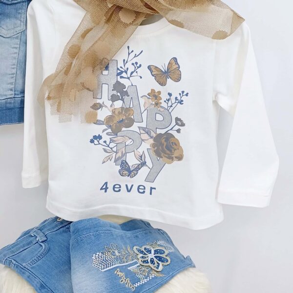 Ensemble pour fille de 2 à 5 ans : veste en jean brodée, t-shirt imprimé et pantalon en jean. Parfait pour l'hiver. Boutique pour enfants en Belgique.