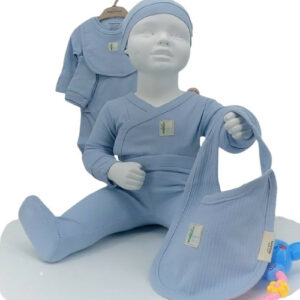 Ensemble naissance bébé 4 pièces en coton bio bleu doux