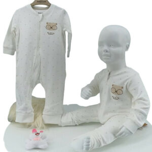 Pyjama bébé coton bio écru avec motif ourson et zip