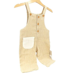 Salopette bébé coton bio beige à pois avec poche crème
