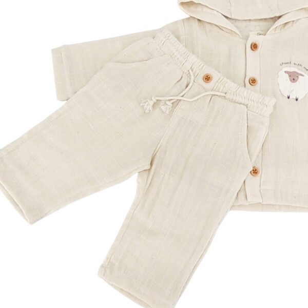 Ma Douceur - Ensemble bébé été en coton bio, avec capuche et broderie mouton, couleur écru, taille 3-24 mois