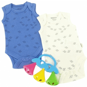 bodies bébé coton bio bleu ciel et écru sans manches