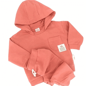 ensemble bébé coton bio rose terracotta avec sweat à capuche et pantalon
