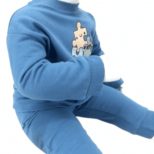 Ensemble bébé coton bio bleu indigo avec sweat puzzle et pantalon (3–24 mois)